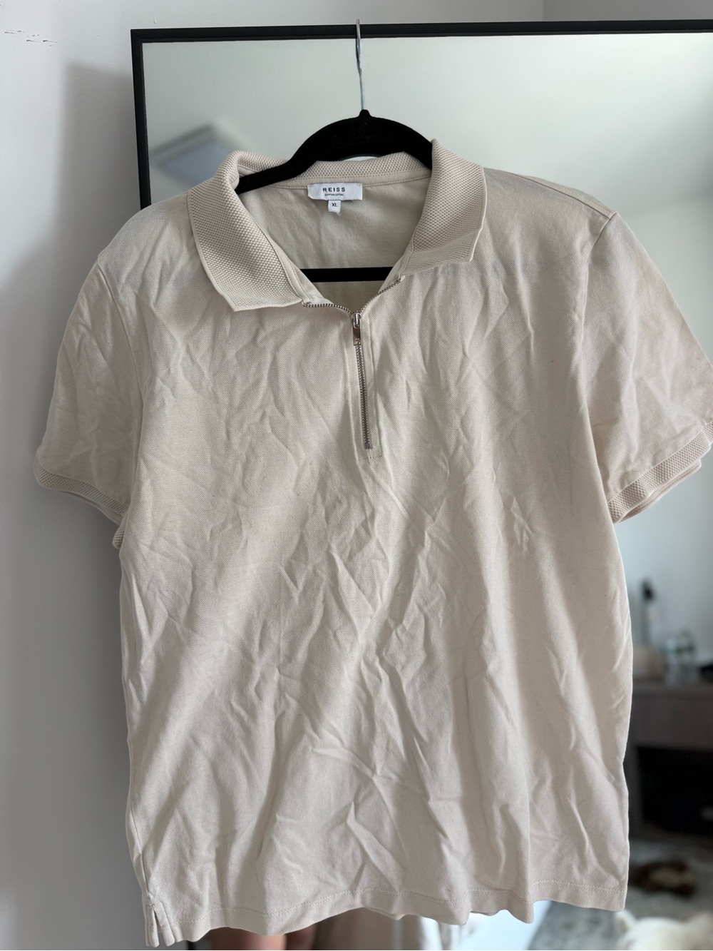 Reiss Men’s Cream Zip-Front Short Sleeve Polo